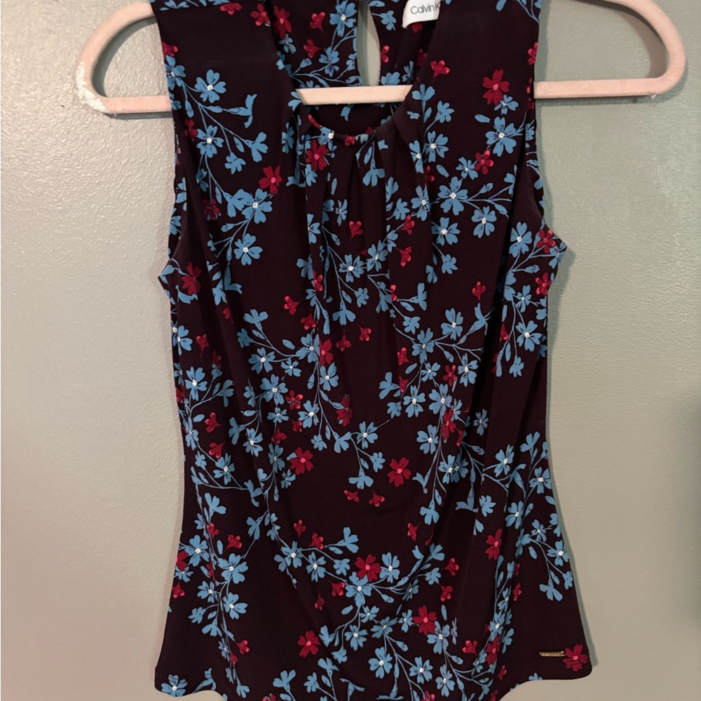 Calvin Klein Black Floral Sleeveless Blouse with Blue and Red Flowers